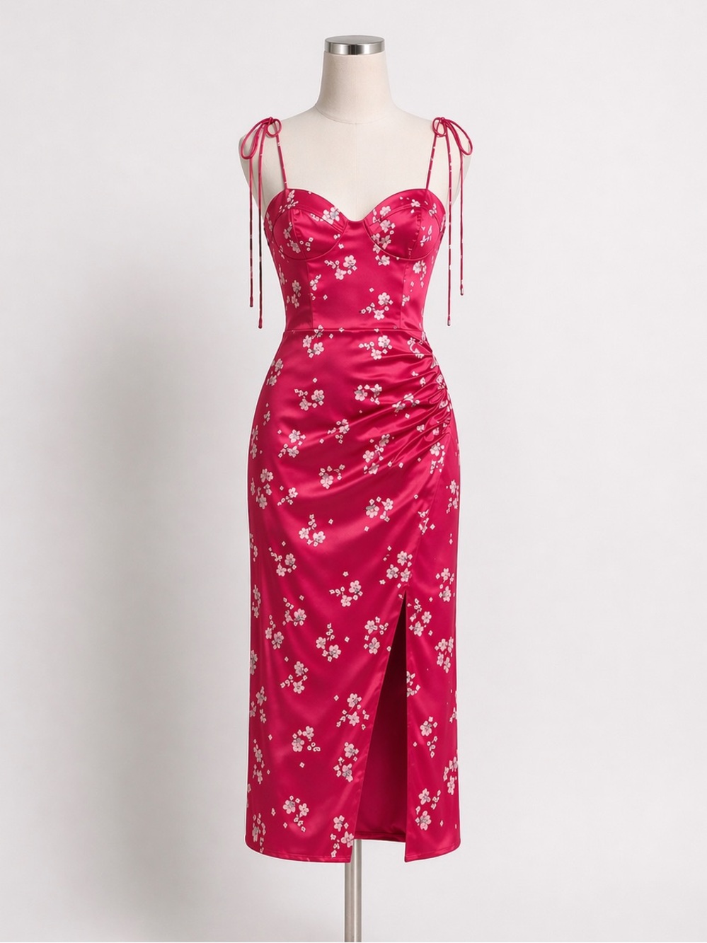 Bardot Amika Floral Satin Midi Dress Sweetheart Tie Strap Side Slit 10 NWOT